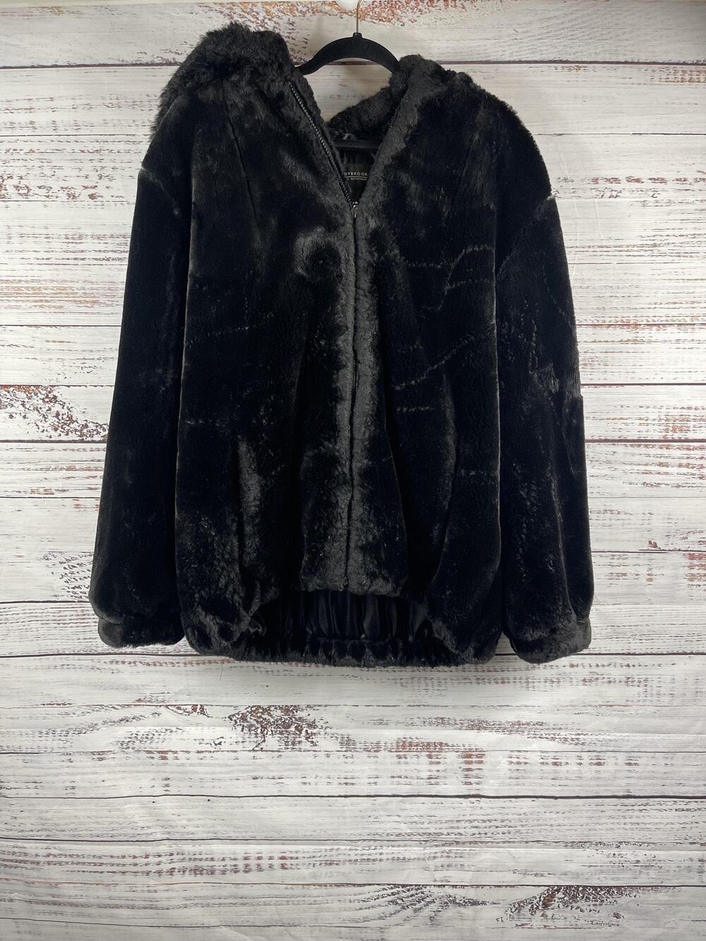Donnybrook Jacket Women's Size XL Blck Faux Fur Hooded Full Zip Elastic Hem Coat
